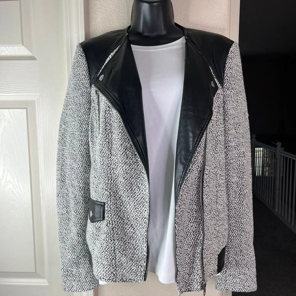 NWT Blanc Noir Women’s Long Sleeve Knitted Leather Jacket Size Small #650 - Picture 7 of 17